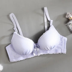 Japanese Underwear Female Small Breasts Gathered Thin Section Underwear Comfortable Breathable Girls Plaid Bra
