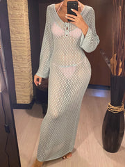 3D Flowers Long Sleeve V Neck Crochet Knitted Long Dresses Bikini Cover Up Cover-ups Beach Dress Backless Beachwear Women V6156