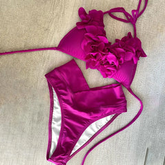 2025 New Summer New Sexy Petal Push Up Backless Bikini Set Women Fashion Flower Ruffles Bikini Lady Solid Beachwear Bathing Suit