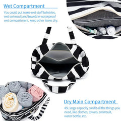 תיק חוף לנשים תיק נסיעות מתקפל עם כיס נגד חול תיק אחסון קל משקל לחדר כושר/קניות ניתן לאריזת יד