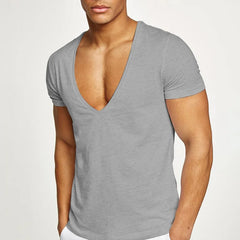 Fashion Men Basic T-Shirt Summer Gym Muscle Tops Big V-Neck Short Sleeve Bodybuilding Sport Fitness T Shirt Tees Tops Clothing