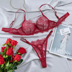 Erotic Lingerie Bra and Panties Set Basic Sexy Sheer Lace Eyelash Unline One Layer Lace Lingerie Women Underwear Intimate