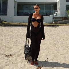 Sexy Beach Vacation Dress See Through Backless Knitted Cover Up Dress Female Two Wears Fashion Slim Knit Long Dress Lady