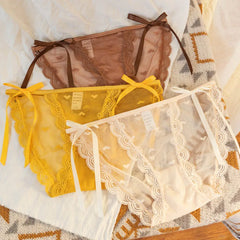 תחתוני נשים סקסיים מבד תחרה, עדינים, רכים ונוחים, אופנתיים, עם רשת, פפיון וגזרה נמוכה.