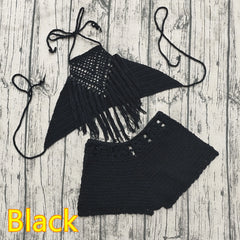 Handgehäkeltes Strandbikini-Set für Damen, kurze Badebekleidung, sexy Quasten