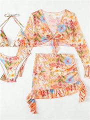 4 Piece Bikini Set Women Orange Floral Print Long Sleeve Mesh Cover Up Ruffle Skirt Swimsuit 2024 Sexy Bathing Suit Swimwear