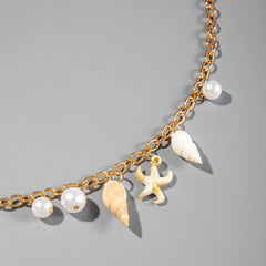 Docona Bohemian Sea Star Conch Taillenkette Damen Sommer Strandparty Muschel Imitation Perlen Körperkette Urlaubsaccessoires