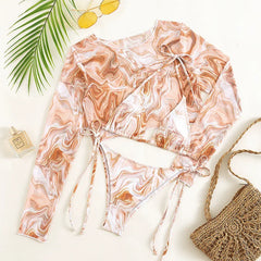 Damen-Bikini-Set mit Leopardenmuster, 3-teilig, Neuheit 2023, langärmelig, mit String-Schnitt