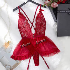 Thin Style Sexy Lingerie Set Contrast Lace Ruffle Trim Lingerie Set Deep V Slip Dress Women's Sexy Lingerie Lencería Mujeres