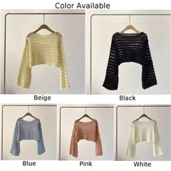 Women Long Sleeve Crochet Knitted Sweater Beach Bikini Cover Up Top Summer