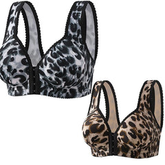 Women's Breathable Side-lifting Maternity Underwear Leopard Print Large Size Ultra-thin No Underwire Front-closure Bra