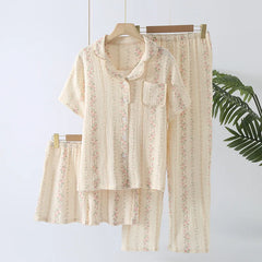 Women's Underwear Set Pure Cotton Summer Home Wear 3 Pieces Short Sleeve Sleepwear Women's Pajamas Female 2025 Lingerie