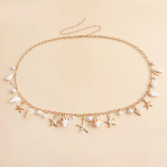 Boho-Sommer-Strand-Muschel-Taillenkette mit Imitationsperle, Seestern- und Muschelanhänger für Damen – Modeschmuck-Accessoires