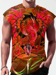 Neue Herren-Fitnessbekleidung von Four Seasons: Schlichtes, atmungsaktives, ärmelloses Unterhemd mit großem Sportprint und schnelltrocknender Farbe.