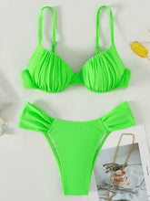 Neongrüner, geraffter Bügel-Bikini mit BH-Cups für Damen, zweiteiliger Bikini, Badeanzug, Badebekleidung