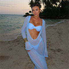 Sexy Beach Vacation Dress See Through Backless Knitted Cover Up Dress Female Two Wears Fashion Slim Knit Long Dress Lady