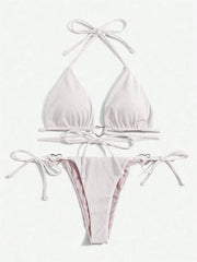 Sexy Swimsuit Women Black Halter String Triangle Micro Bikini Thong Heart Ring Ribbed Swimwear Bathing Suit Bikinis Sets 2025