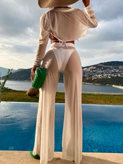 4 Pieces Lace Up Halter Triangle Bikini Swimsuit & Cover Up With Pants Sexy Swimwear Women 2025 Bathing Swimming Suit Female