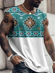 קיץ חדש לגברים וסט טי עם דוגמא שבטית צווארון עגול ביגוד יומי כושר ספורט וינטג' ללא שרוולים חולצות אתניות מודפסות