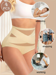 4 pairs of high-waisted women's underwear - Abdominal compression breathable mesh underwear, elegant solid color underwear