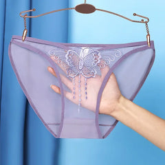 Women Sexy Underwear Lace Mesh See-through Comfortable Briefs Lace Butterfly Embroidery Breathable Low Waist Underpants