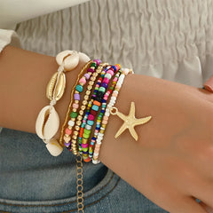 7Pcs Bohemian Style Starfish Shell Hand Woven Bracelet For Women Girls Fashion Beaded Bracelet Summer Beach Vacation Accessories