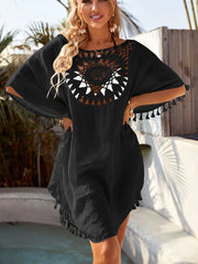 Women Off Shoulder Loose Beach Smock Casual Holiday Sexy Style Cut Out Tassel Beach Smock Women Summer Beach Smock