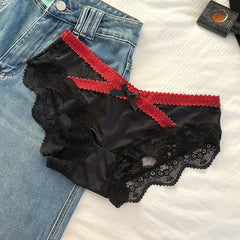 French Sexy Lace Satin Underwear for Women Low Waist Thin Mesh Hollow Out Bow Panties Sweet Girl Breathable Cotton Crotch Briefs