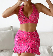 Sexy V Neck Bikini+Ruffle Skirt Cover-Up Beachwear High Waist Women's 3 Pieces Swimsuit Halter Bandage Tankini Backless Swimwear