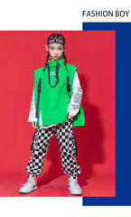 Kid Hip Hop Clothing Sleeveless Jacket Top Streetwear Checkered Tactical Cargo Jogger Pants for Girls Boys Dance Costume Clothes