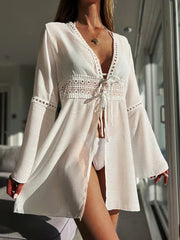 Swimsuits Beach Cover Up Long sleeve V-Neck White Pareo Beachwear Sun Protection Clothes Knitted Beachwear Lace Cover-Up Dress