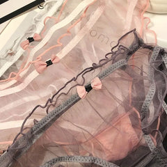Sexy Damen-Slip, transparent, rosa, mit Schleife, Baumwollzwickel, atmungsaktiv, aus Mesh, mit Wellenkante und Lochmuster.