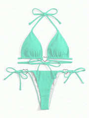 Sexy Swimsuit Women Black Halter String Triangle Micro Bikini Thong Heart Ring Ribbed Swimwear Bathing Suit Bikinis Sets 2025