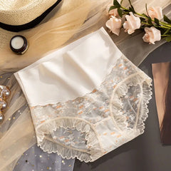 Ultrathin Lace Panties for Women High Waist Ice Silk Mesh Flower Briefs Underpants Cotton Crotch Seamless Underwear Gifts