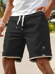 Lässige Herren-Sommershorts mit Taschen – Schwarz, elastischer Bund, Kordelzug, Polyester, zweilagiges Design, leicht und atmungsaktiv