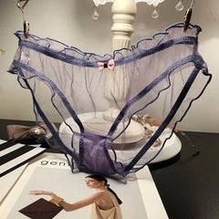 Sexy Damen-Slip, transparent, rosa, mit Schleife, Baumwollzwickel, atmungsaktiv, aus Mesh, mit Wellenkante und Lochmuster.