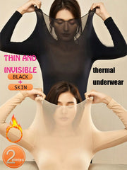 2 Pcs Women's Seamless Ultra-Thin Thermal Underwear - Soft & Comfy Long Sleeve Round Neck Top Perfect For Lingerie & Sleepwear
