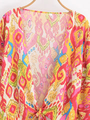 Boho Vintage Floral Print Beach Summer Short Kimono Women 2025 Fashion Ruffles Flare Sleeves Vacation Bohemian Bikini Cover-ups