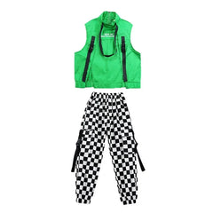 Kid Hip Hop Clothing Sleeveless Jacket Top Streetwear Checkered Tactical Cargo Jogger Pants for Girls Boys Dance Costume Clothes