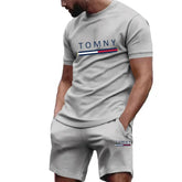 Outdoor Trendy Men's Suit Simple Letter Rose Patchwork Color Round Neck Short Sleeve Shorts Comfortable and breathable material