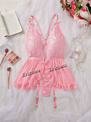 Thin Style Sexy Lingerie Set Contrast Lace Ruffle Trim Lingerie Set Deep V Slip Dress Women's Sexy Lingerie Lencería Mujeres