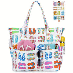 Beach Tote Bag Women Foldable Travel Bag with Anti-Sand Pocket Lightweight Storage Bag for Gym/Shopping Packable in Carry-On