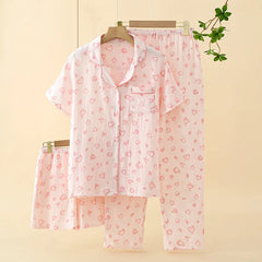 Women's Underwear Set Pure Cotton Summer Home Wear 3 Pieces Short Sleeve Sleepwear Women's Pajamas Female 2025 Lingerie