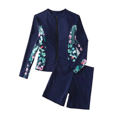 Tropical Print Patchwork 2 Piece Swimsuits, Long Raglan Sleeve Zip Up Swim Top & Shorts Water Sports Swimsuit Women Swimwear