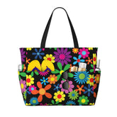 Hippie Flowers Large Beach Tote Bag Women Waterproof Sandproof Zipper Beach Tote Bags for Pool Gym Grocery Travel