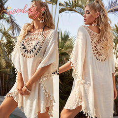 Women Off Shoulder Loose Beach Smock Casual Holiday Sexy Style Cut Out Tassel Beach Smock Women Summer Beach Smock
