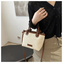 תיק כתף קש קלוע לנשים לחופשת קיץ וחוף הים, בעיצוב פשוט ליום-יום, תיק דלי קטן לנשים, מתאים לנסיעות, תיק קרוסבודי