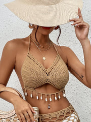 Crochet Swimsuit Shell Tassel Bikini Swimsuit Hollow Out Binding Rope Summer Holiday Sunbathing Knit Beach Bra Halter Bikini Top
