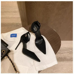Spring and Autumn High Heel Women 2024 New Versatile Thin Heel Professional L Pointed Black Buckle Strap Single Shoe Women