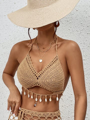 Crochet Swimsuit Shell Tassel Bikini Swimsuit Hollow Out Binding Rope Summer Holiday Sunbathing Knit Beach Bra Halter Bikini Top